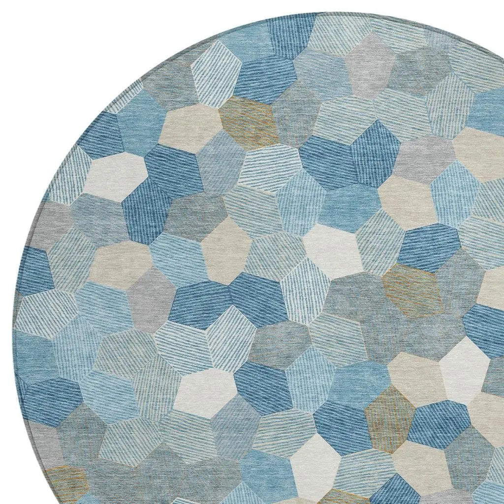 8' Teal Blue And Ivory Round Geometric Washable Indoor Outdoor Area Rug Homeroots Outdoor