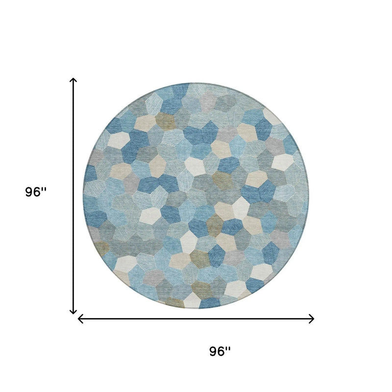 8' Teal Blue And Ivory Round Geometric Washable Indoor Outdoor Area Rug Homeroots Outdoor