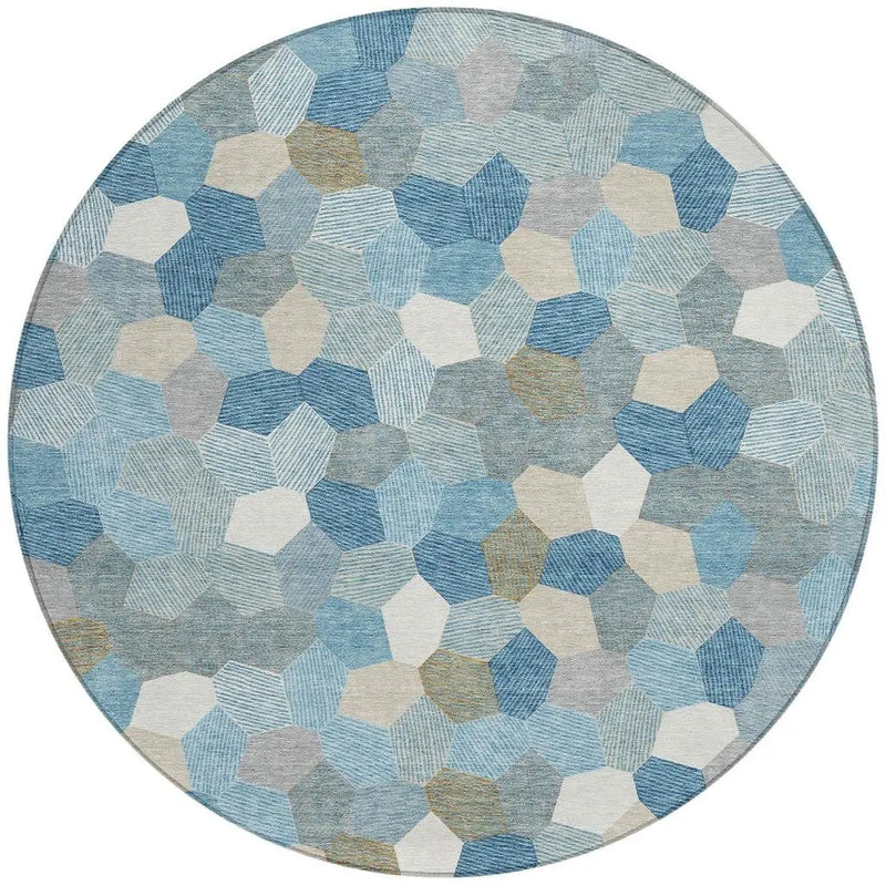 8' Teal Blue And Ivory Round Geometric Washable Indoor Outdoor Area Rug Homeroots Outdoor