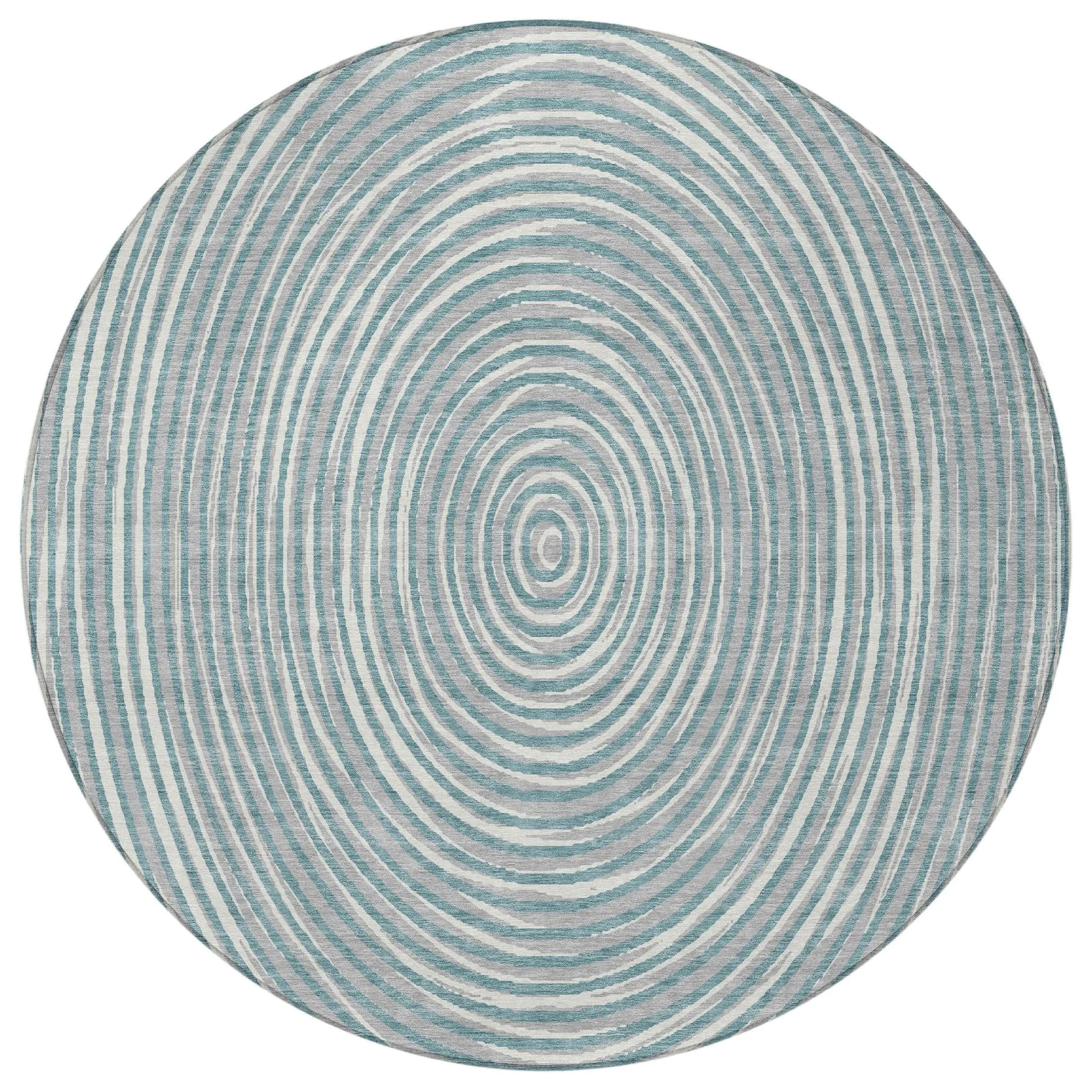 8' Teal Blue And Ivory Round Geometric Washable Indoor Outdoor Area Rug Homeroots Outdoor