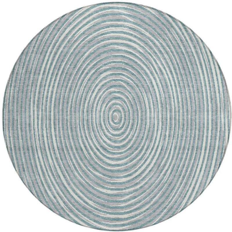 8' Teal Blue And Ivory Round Geometric Washable Indoor Outdoor Area Rug Homeroots Outdoor