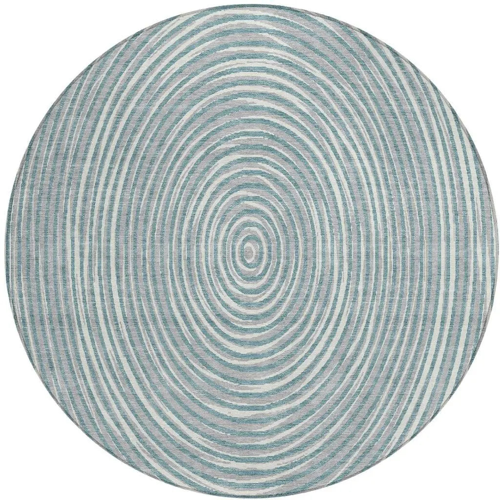 8' Teal Blue And Ivory Round Geometric Washable Indoor Outdoor Area Rug Homeroots Outdoor