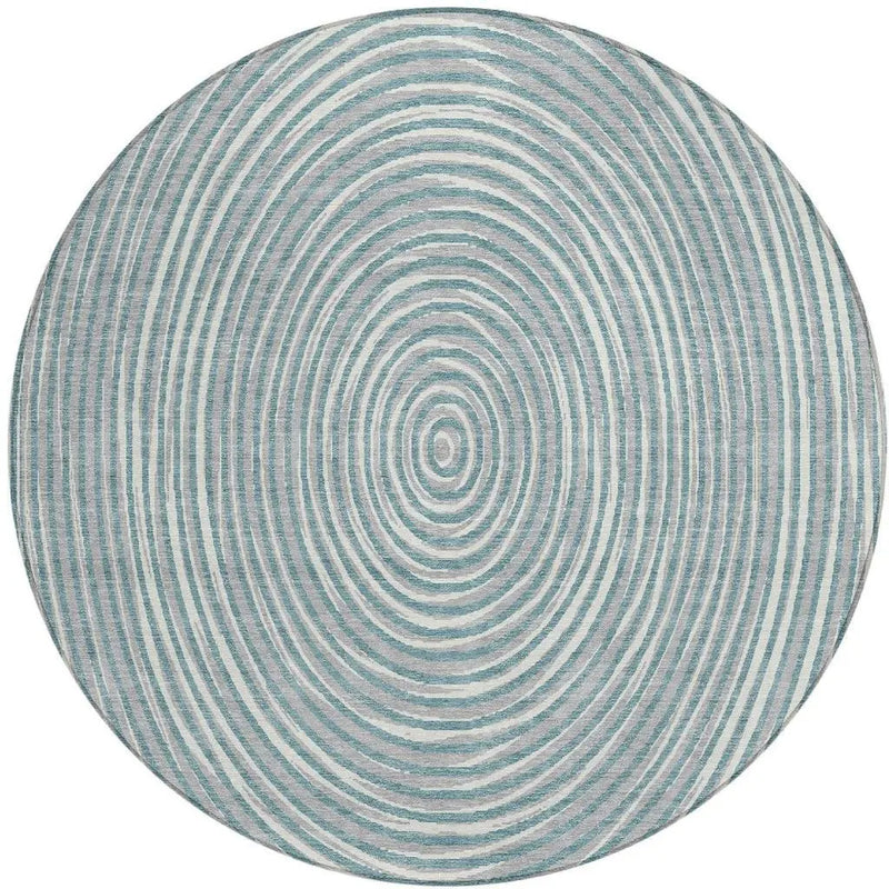 8' Teal Blue And Ivory Round Geometric Washable Indoor Outdoor Area Rug Homeroots Outdoor