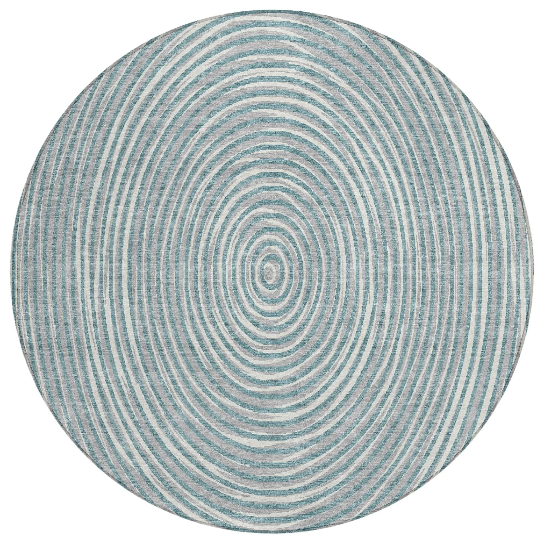 8' Teal Blue And Ivory Round Geometric Washable Indoor Outdoor Area Rug Homeroots Outdoor