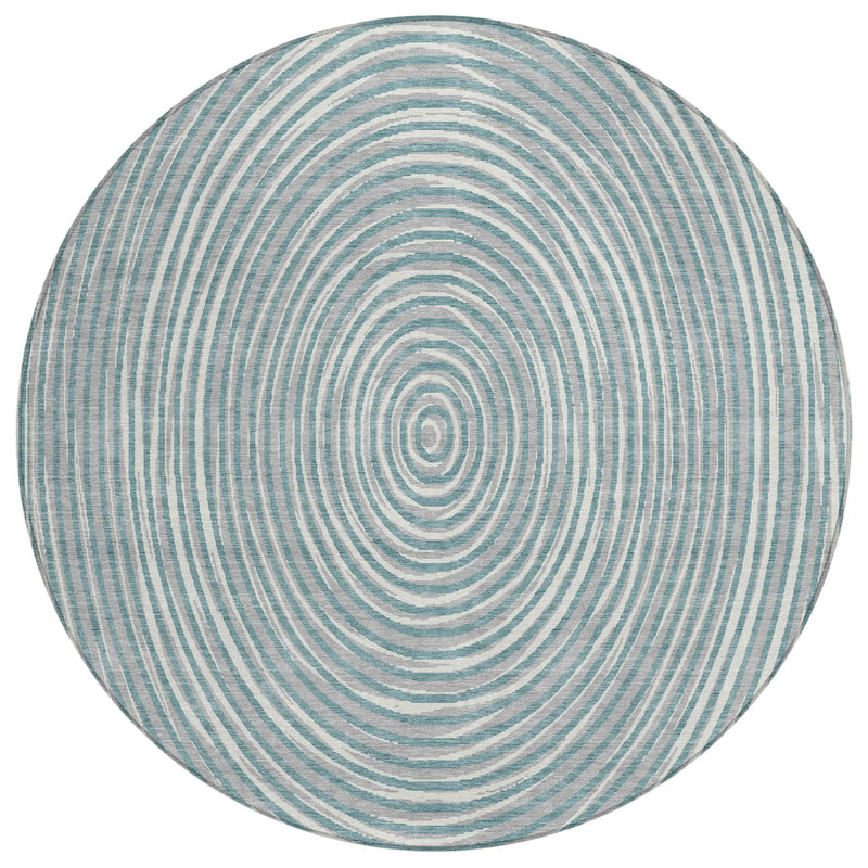 8' Teal Blue And Ivory Round Geometric Washable Indoor Outdoor Area Rug Homeroots Outdoor