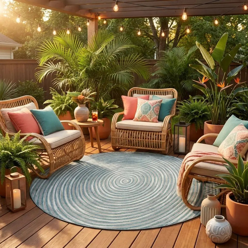 8' Teal Blue And Ivory Round Geometric Washable Indoor Outdoor Area Rug Homeroots Outdoor