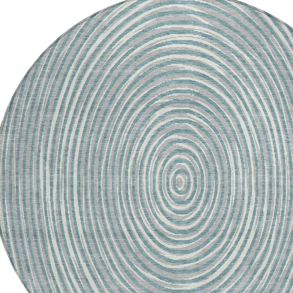 8' Teal Blue And Ivory Round Geometric Washable Indoor Outdoor Area Rug Homeroots Outdoor