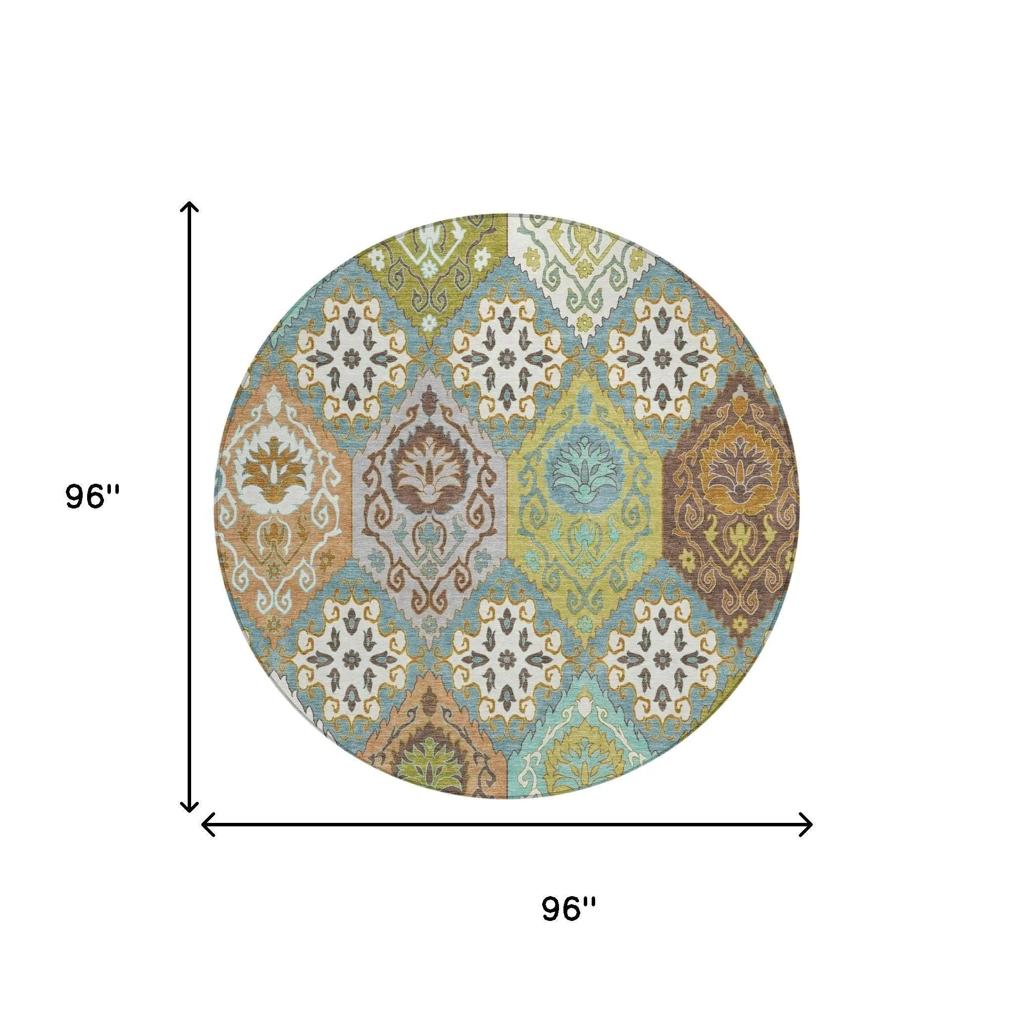 8' Teal Blue And Ivory Round Geometric Washable Indoor Outdoor Area Rug Homeroots Outdoor