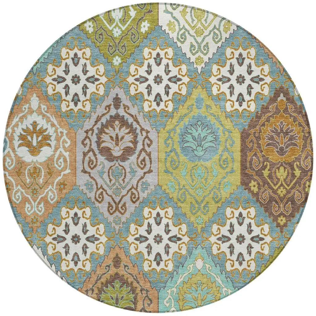 8' Teal Blue And Ivory Round Geometric Washable Indoor Outdoor Area Rug Homeroots Outdoor