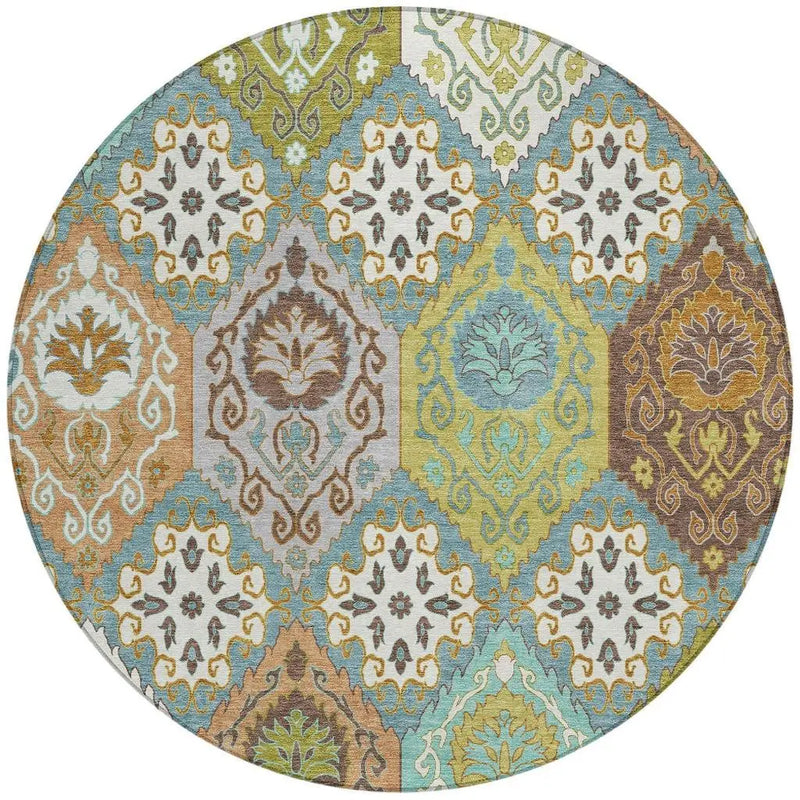 8' Teal Blue And Ivory Round Geometric Washable Indoor Outdoor Area Rug Homeroots Outdoor