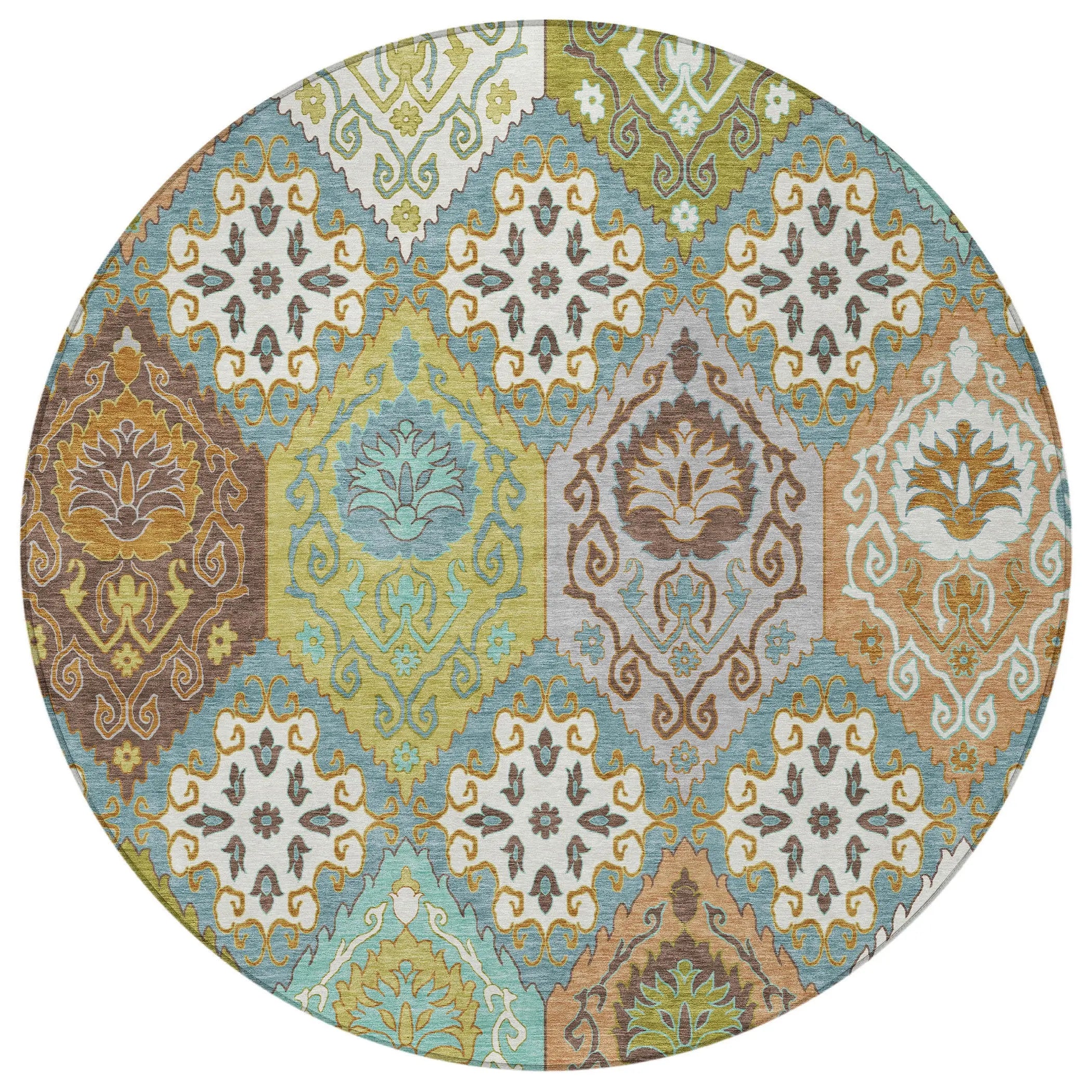8' Teal Blue And Ivory Round Geometric Washable Indoor Outdoor Area Rug Homeroots Outdoor