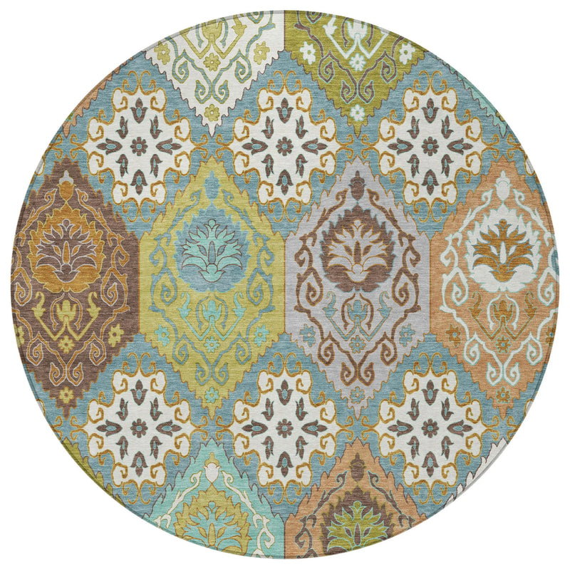 8' Teal Blue And Ivory Round Geometric Washable Indoor Outdoor Area Rug Homeroots Outdoor