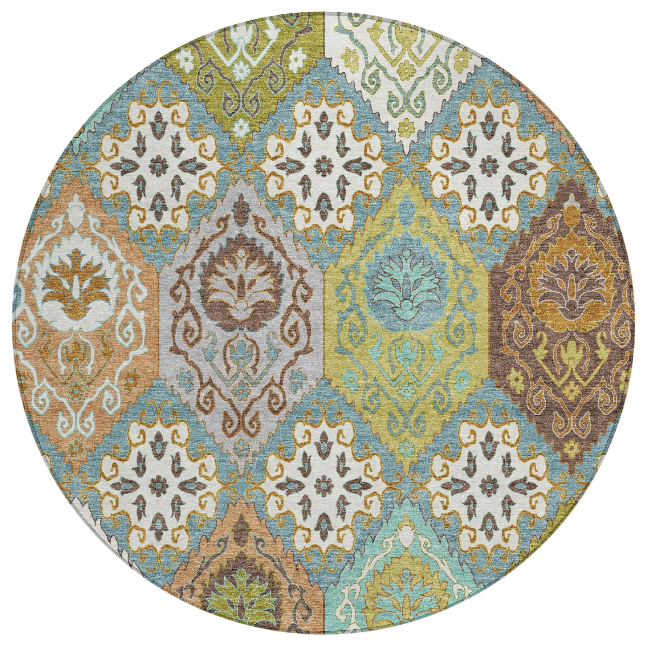 8' Teal Blue And Ivory Round Geometric Washable Indoor Outdoor Area Rug Homeroots Outdoor