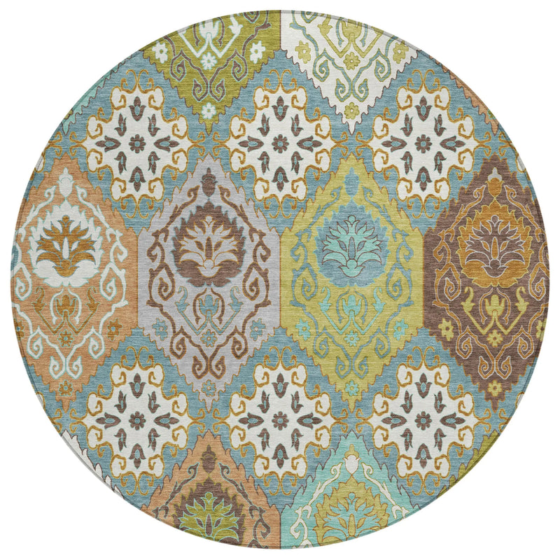 8' Teal Blue And Ivory Round Geometric Washable Indoor Outdoor Area Rug Homeroots Outdoor
