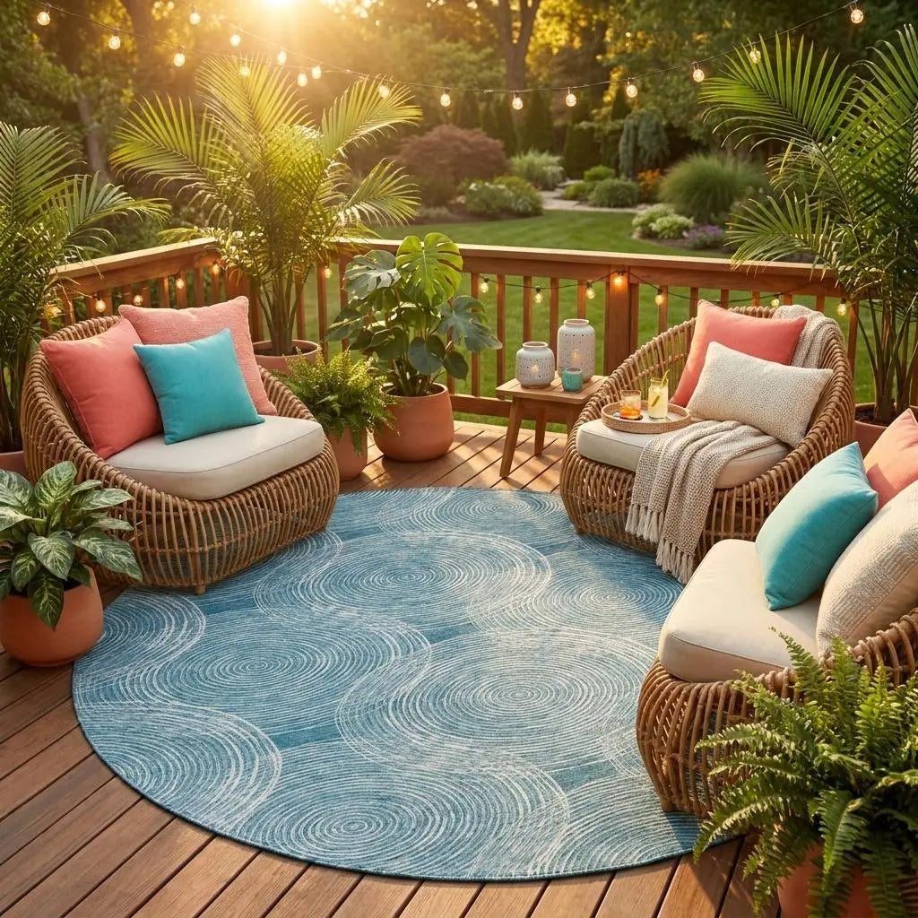 8' Teal Blue And Ivory Round Geometric Washable Indoor Outdoor Area Rug Homeroots Outdoor