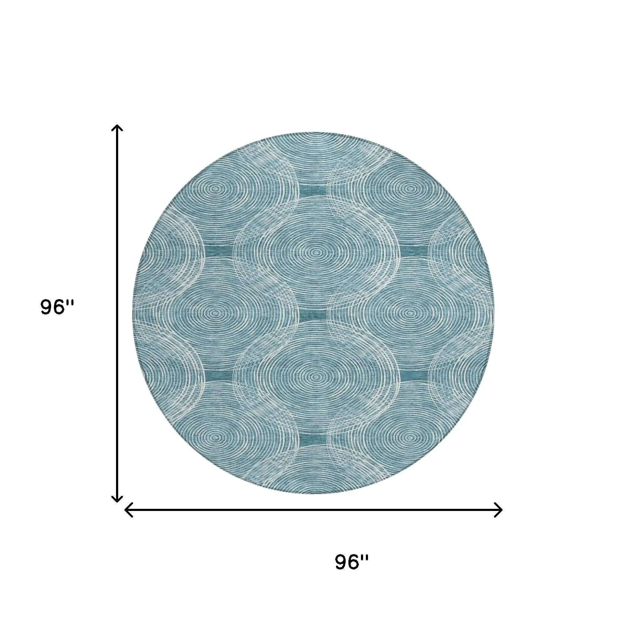 8' Teal Blue And Ivory Round Geometric Washable Indoor Outdoor Area Rug Homeroots Outdoor