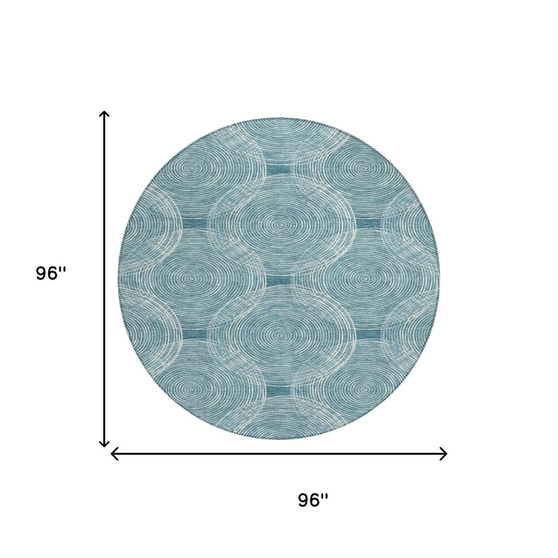 8' Teal Blue And Ivory Round Geometric Washable Indoor Outdoor Area Rug Homeroots Outdoor
