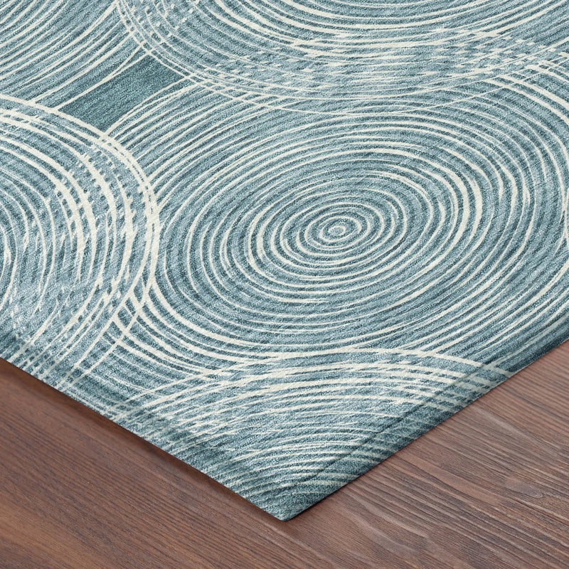 8' Teal Blue And Ivory Round Geometric Washable Indoor Outdoor Area Rug Homeroots Outdoor