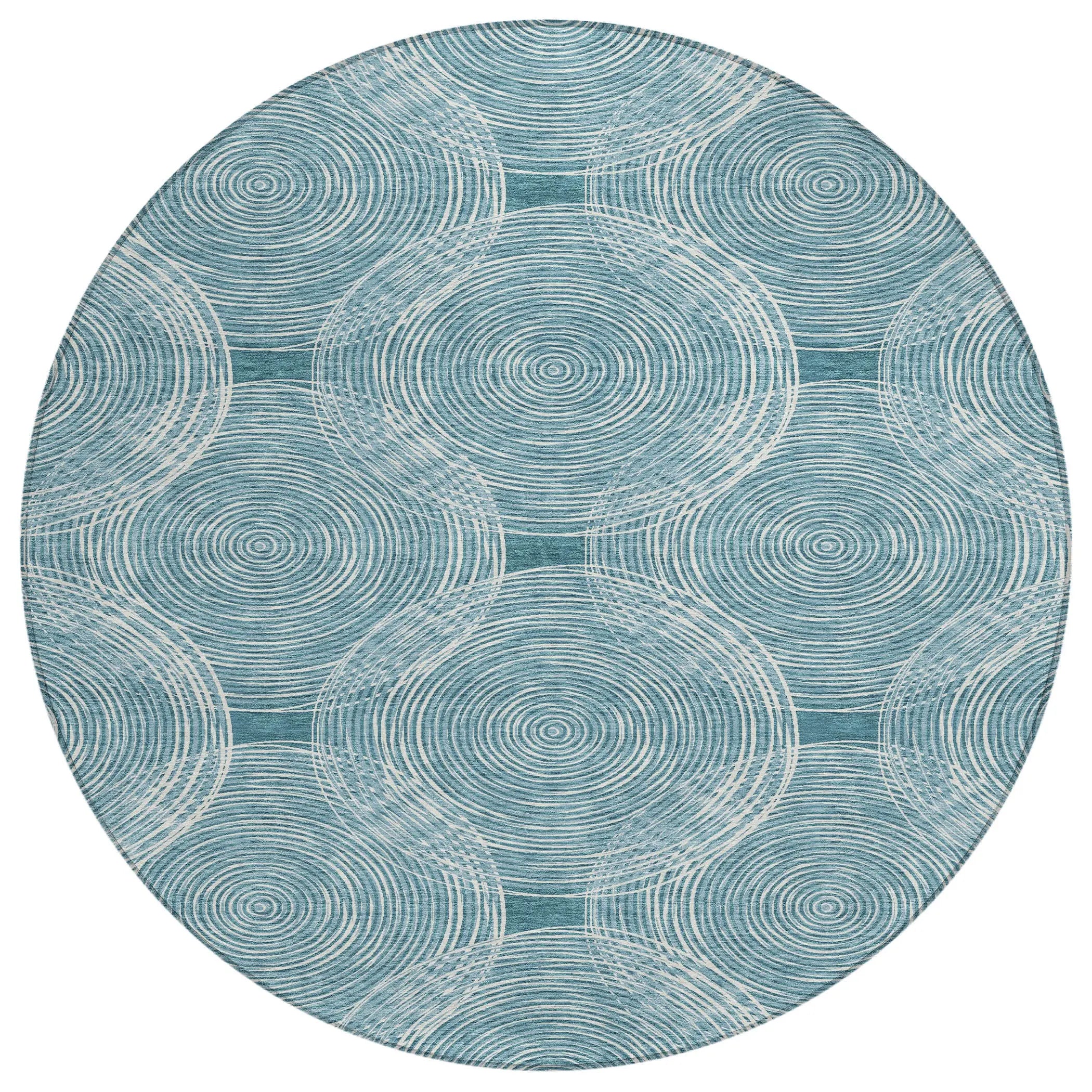 8' Teal Blue And Ivory Round Geometric Washable Indoor Outdoor Area Rug Homeroots Outdoor