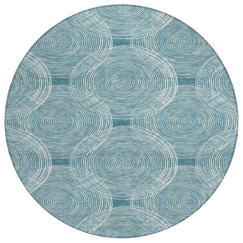 8' Teal Blue And Ivory Round Geometric Washable Indoor Outdoor Area Rug Homeroots Outdoor