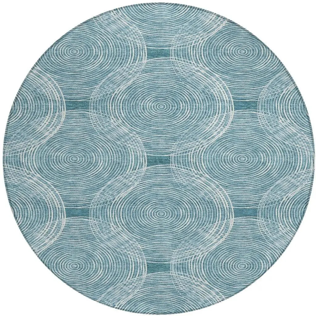 8' Teal Blue And Ivory Round Geometric Washable Indoor Outdoor Area Rug Homeroots Outdoor