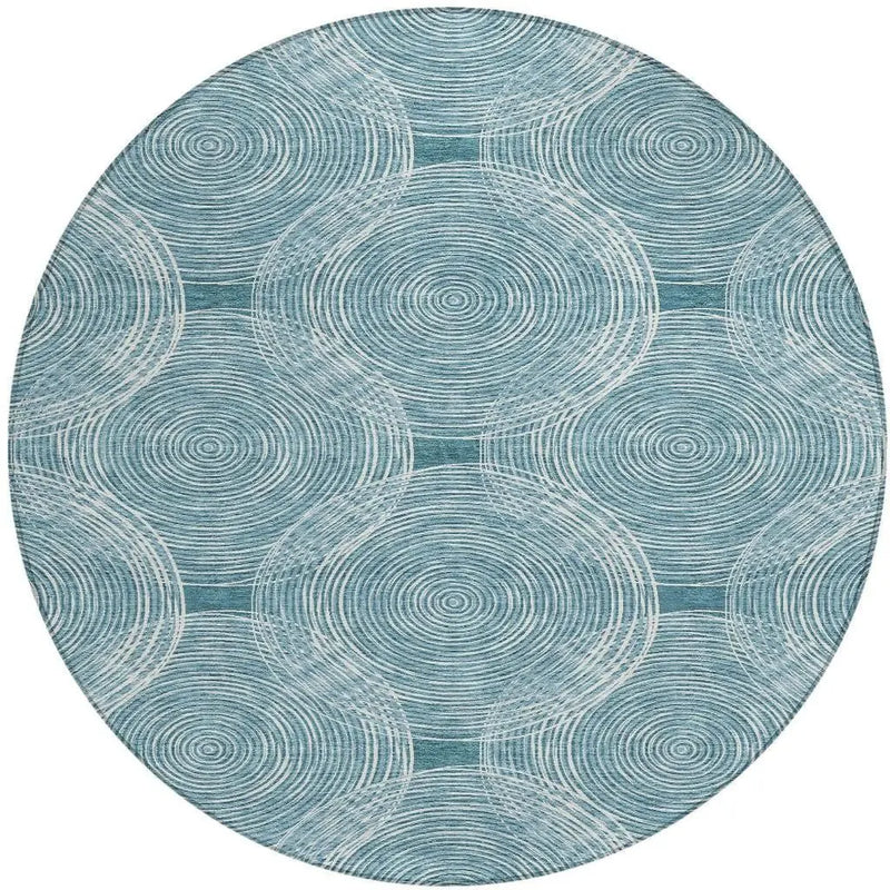 8' Teal Blue And Ivory Round Geometric Washable Indoor Outdoor Area Rug Homeroots Outdoor