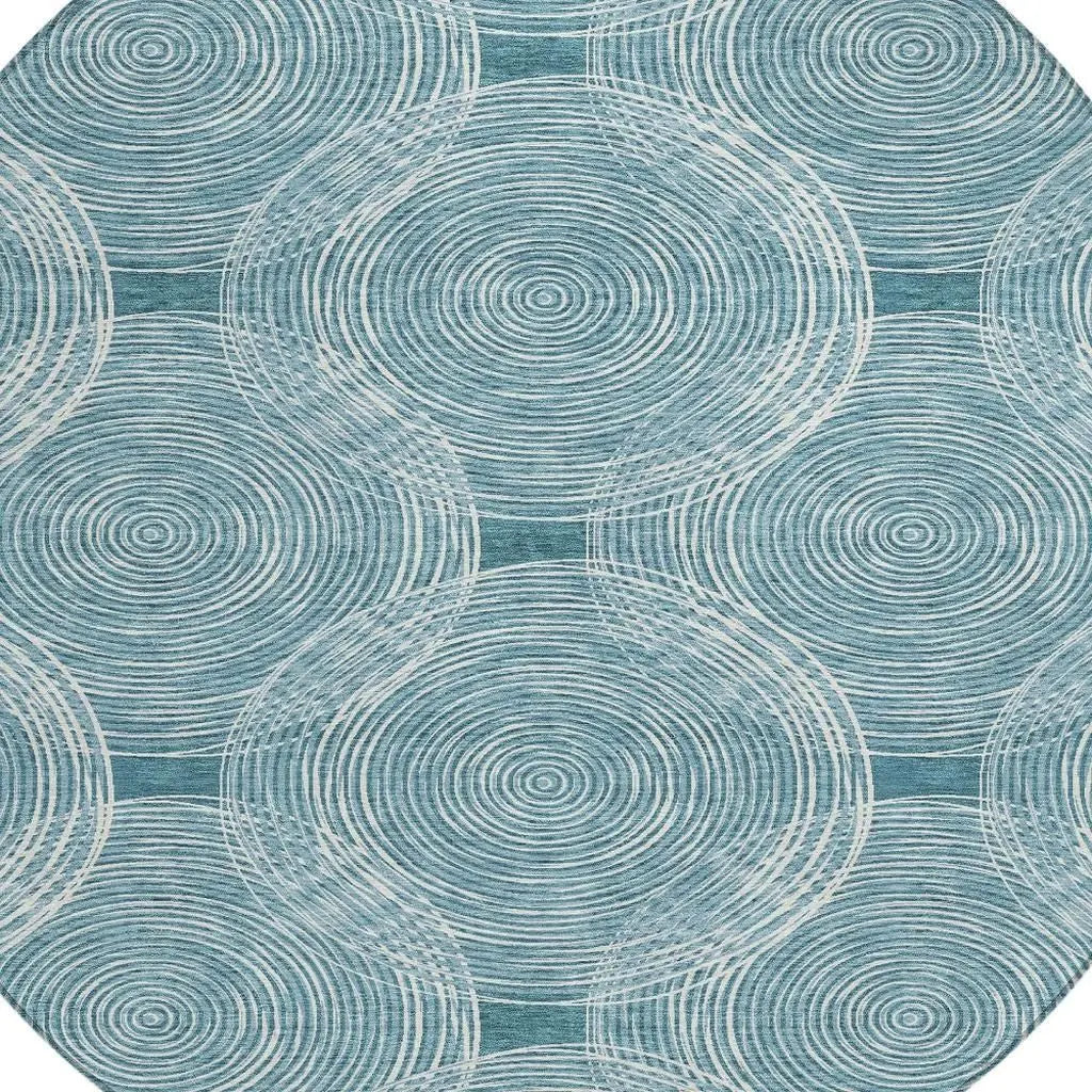 8' Teal Blue And Ivory Round Geometric Washable Indoor Outdoor Area Rug Homeroots Outdoor