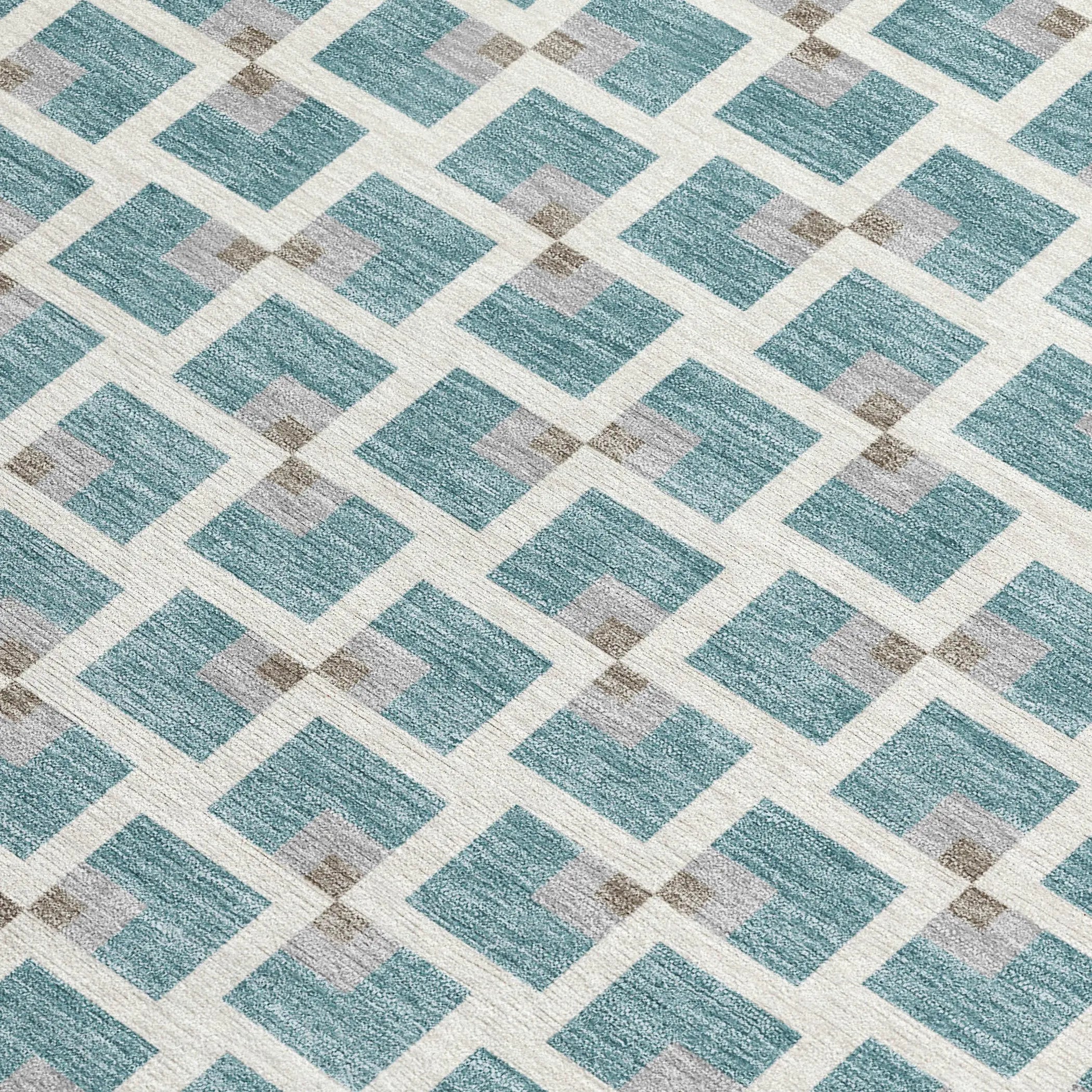 8' Teal Blue And Ivory Round Geometric Washable Indoor Outdoor Area Rug Homeroots Outdoor