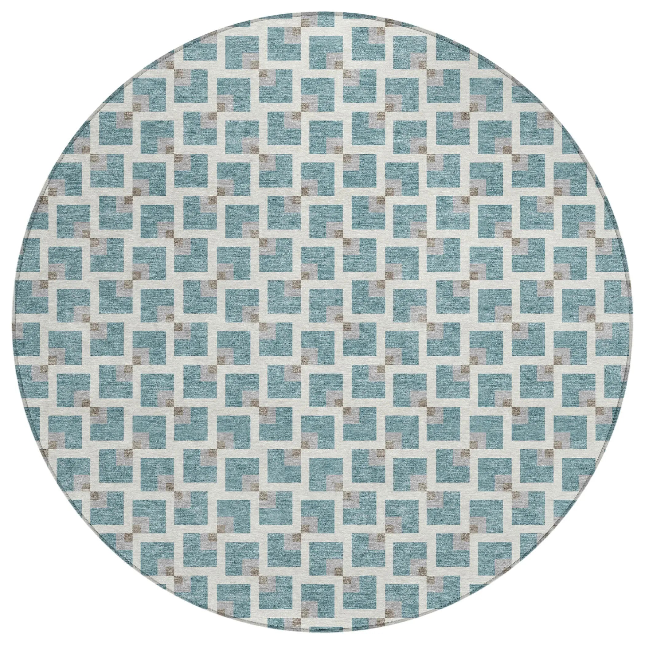 8' Teal Blue And Ivory Round Geometric Washable Indoor Outdoor Area Rug Homeroots Outdoor
