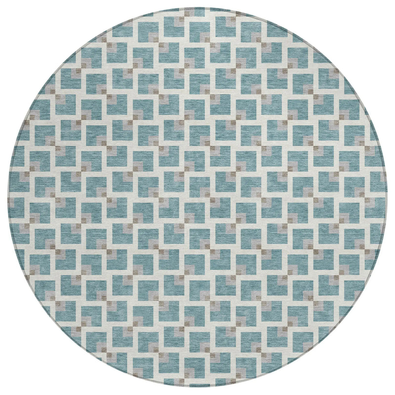 8' Teal Blue And Ivory Round Geometric Washable Indoor Outdoor Area Rug Homeroots Outdoor