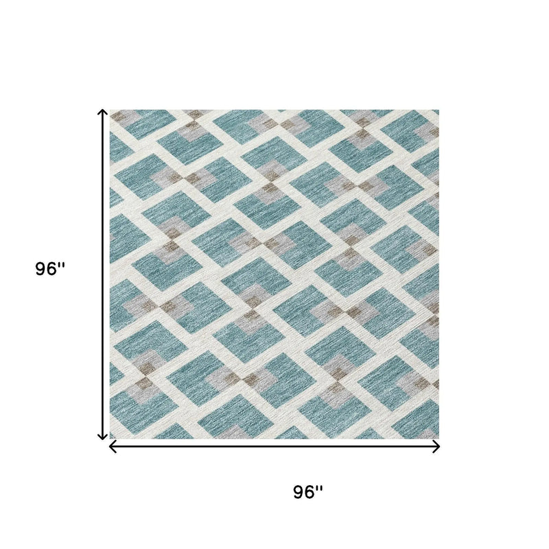 8' Teal Blue And Ivory Round Geometric Washable Indoor Outdoor Area Rug Homeroots Outdoor