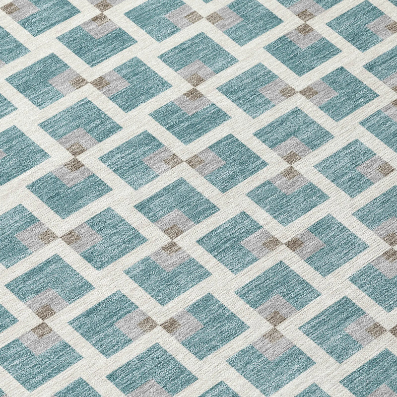 8' Teal Blue And Ivory Round Geometric Washable Indoor Outdoor Area Rug Homeroots Outdoor