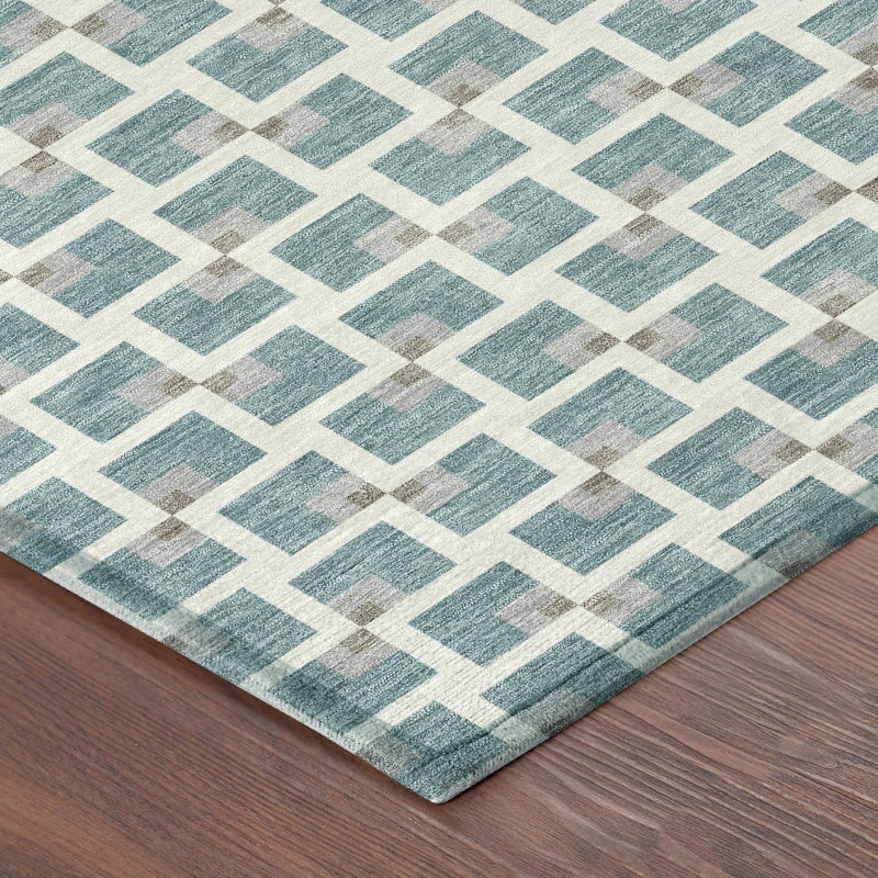 8' Teal Blue And Ivory Round Geometric Washable Indoor Outdoor Area Rug Homeroots Outdoor