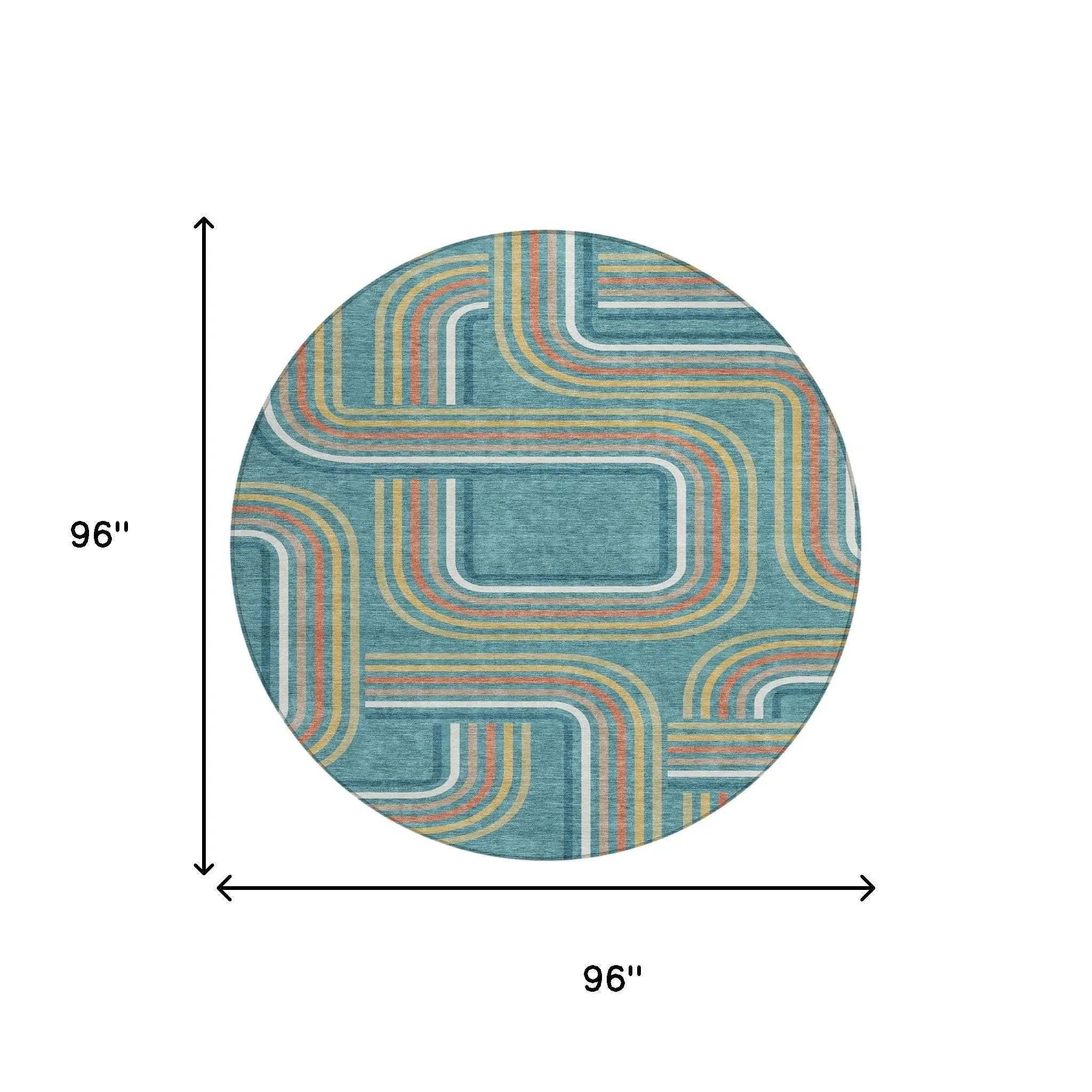 8' Teal Blue And Ivory Round Geometric Washable Indoor Outdoor Area Rug Homeroots Outdoor