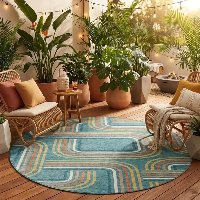 8' Teal Blue And Ivory Round Geometric Washable Indoor Outdoor Area Rug Homeroots Outdoor