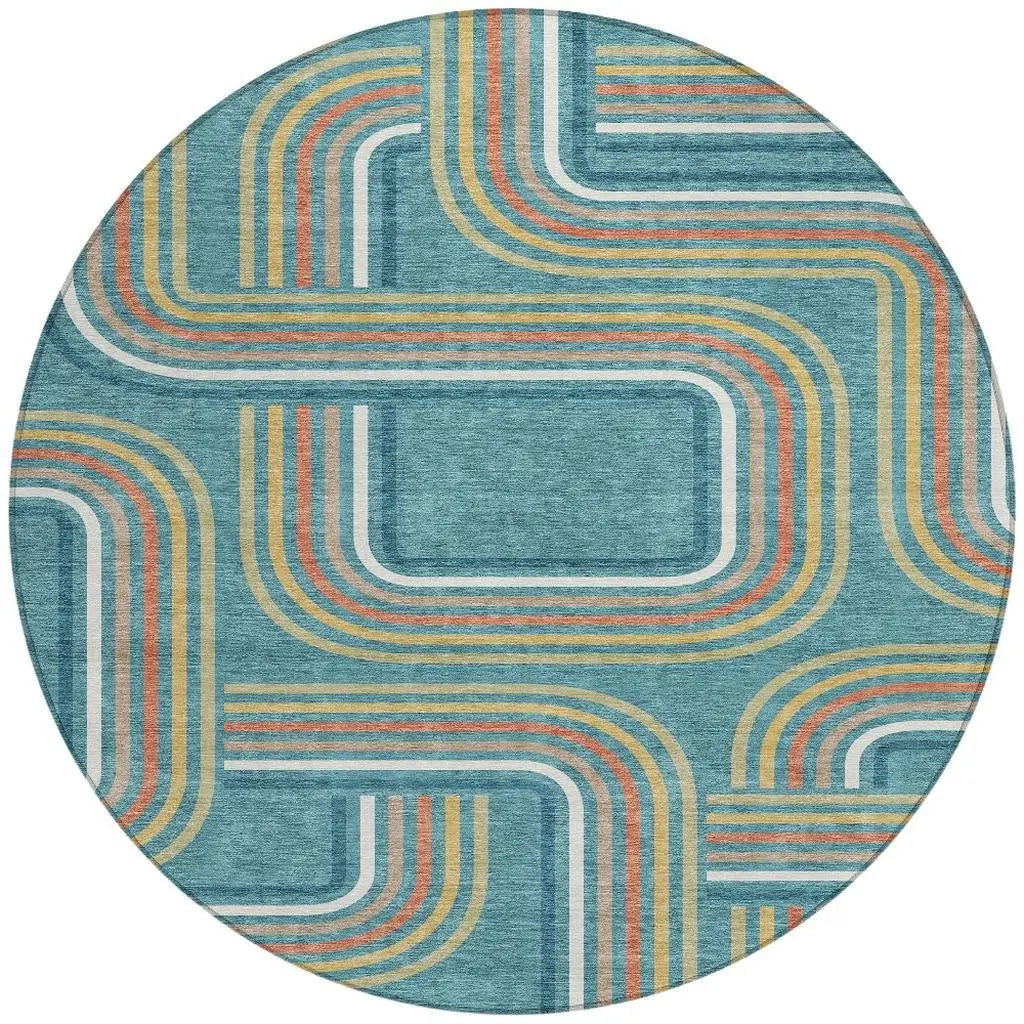 8' Teal Blue And Ivory Round Geometric Washable Indoor Outdoor Area Rug Homeroots Outdoor