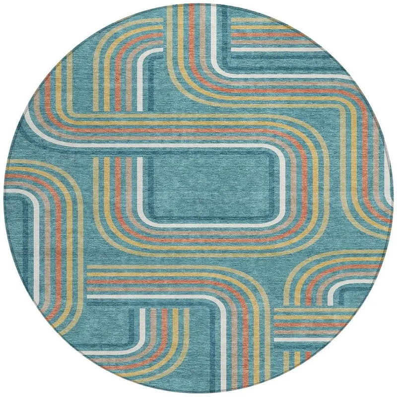 8' Teal Blue And Ivory Round Geometric Washable Indoor Outdoor Area Rug Homeroots Outdoor