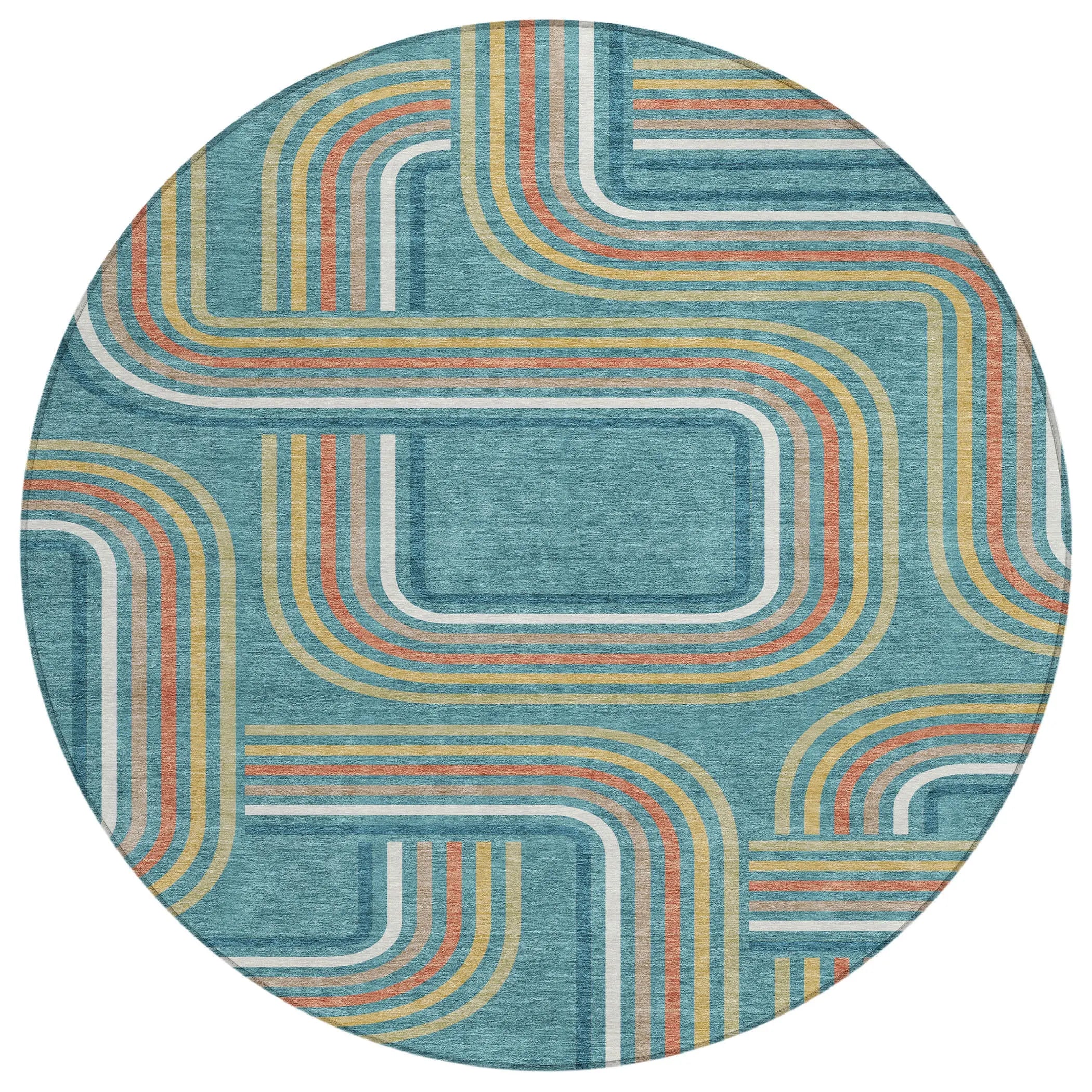 8' Teal Blue And Ivory Round Geometric Washable Indoor Outdoor Area Rug Homeroots Outdoor