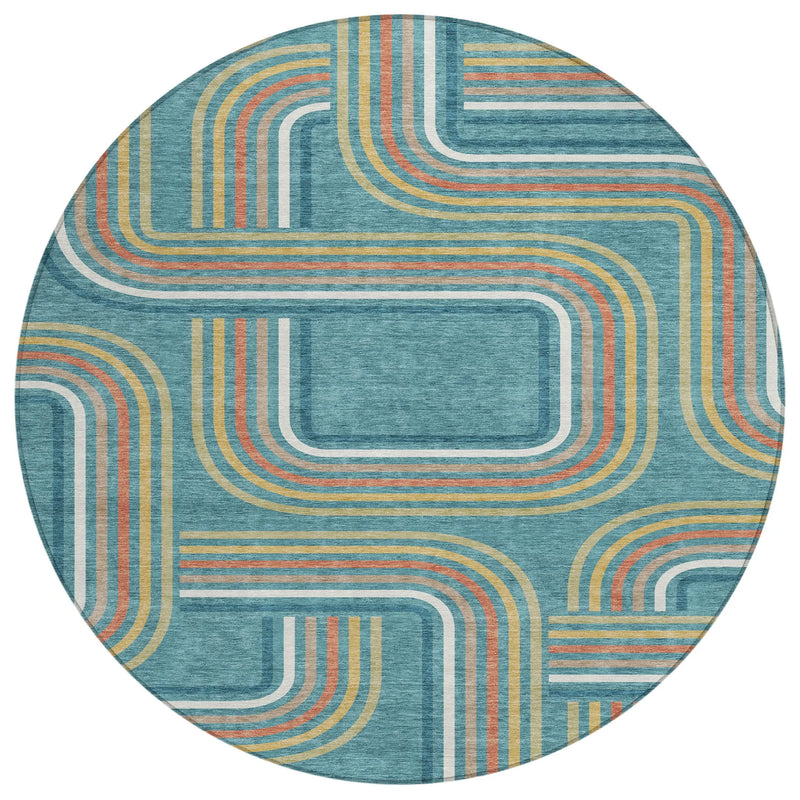 8' Teal Blue And Ivory Round Geometric Washable Indoor Outdoor Area Rug Homeroots Outdoor