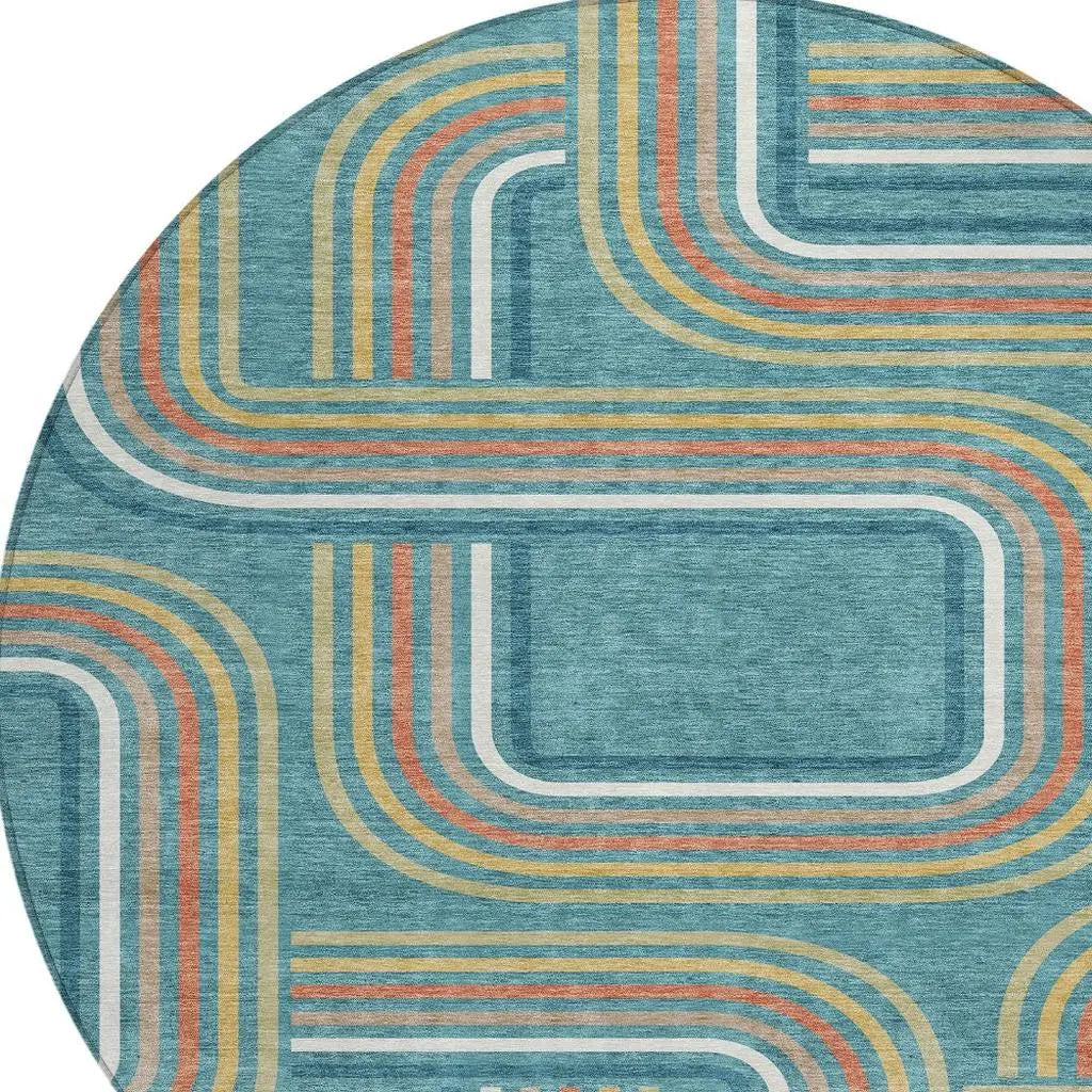 8' Teal Blue And Ivory Round Geometric Washable Indoor Outdoor Area Rug Homeroots Outdoor