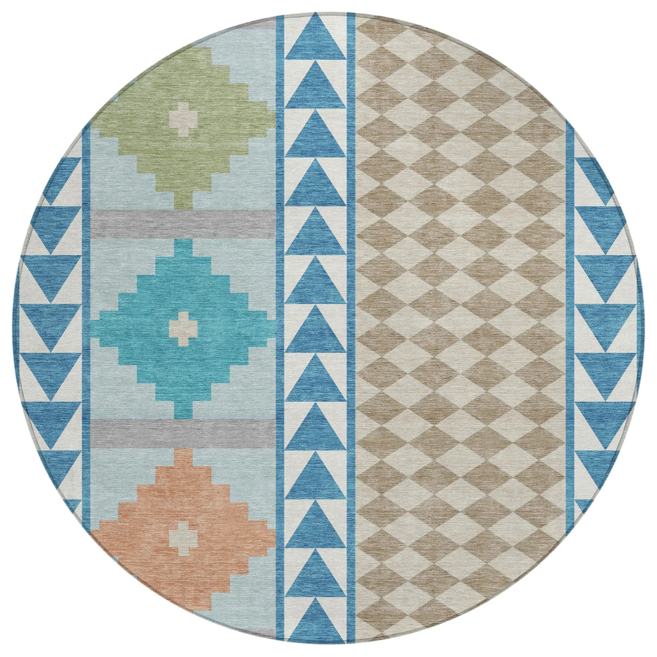 8' Teal Blue And Ivory Round Southwestern Washable Indoor Outdoor Area Rug Homeroots Outdoor
