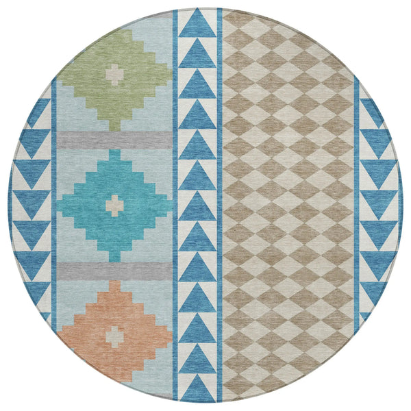 8' Teal Blue And Ivory Round Southwestern Washable Indoor Outdoor Area Rug Homeroots Outdoor
