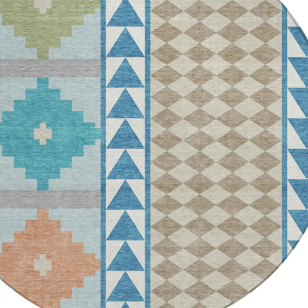 8' Teal Blue And Ivory Round Southwestern Washable Indoor Outdoor Area Rug Homeroots Outdoor