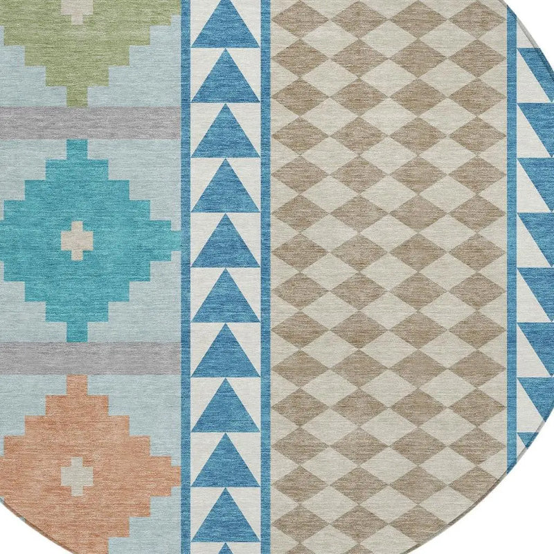 8' Teal Blue And Ivory Round Southwestern Washable Indoor Outdoor Area Rug Homeroots Outdoor