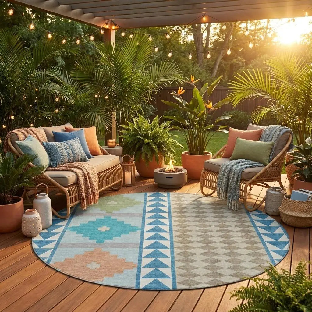 8' Teal Blue And Ivory Round Southwestern Washable Indoor Outdoor Area Rug Homeroots Outdoor
