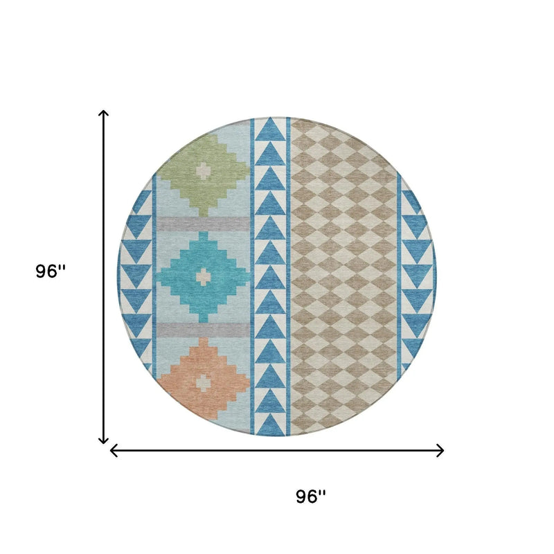 8' Teal Blue And Ivory Round Southwestern Washable Indoor Outdoor Area Rug Homeroots Outdoor