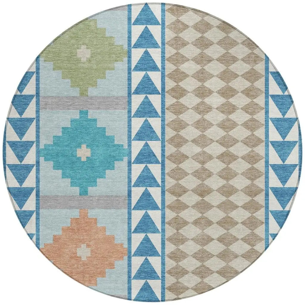 8' Teal Blue And Ivory Round Southwestern Washable Indoor Outdoor Area Rug Homeroots Outdoor