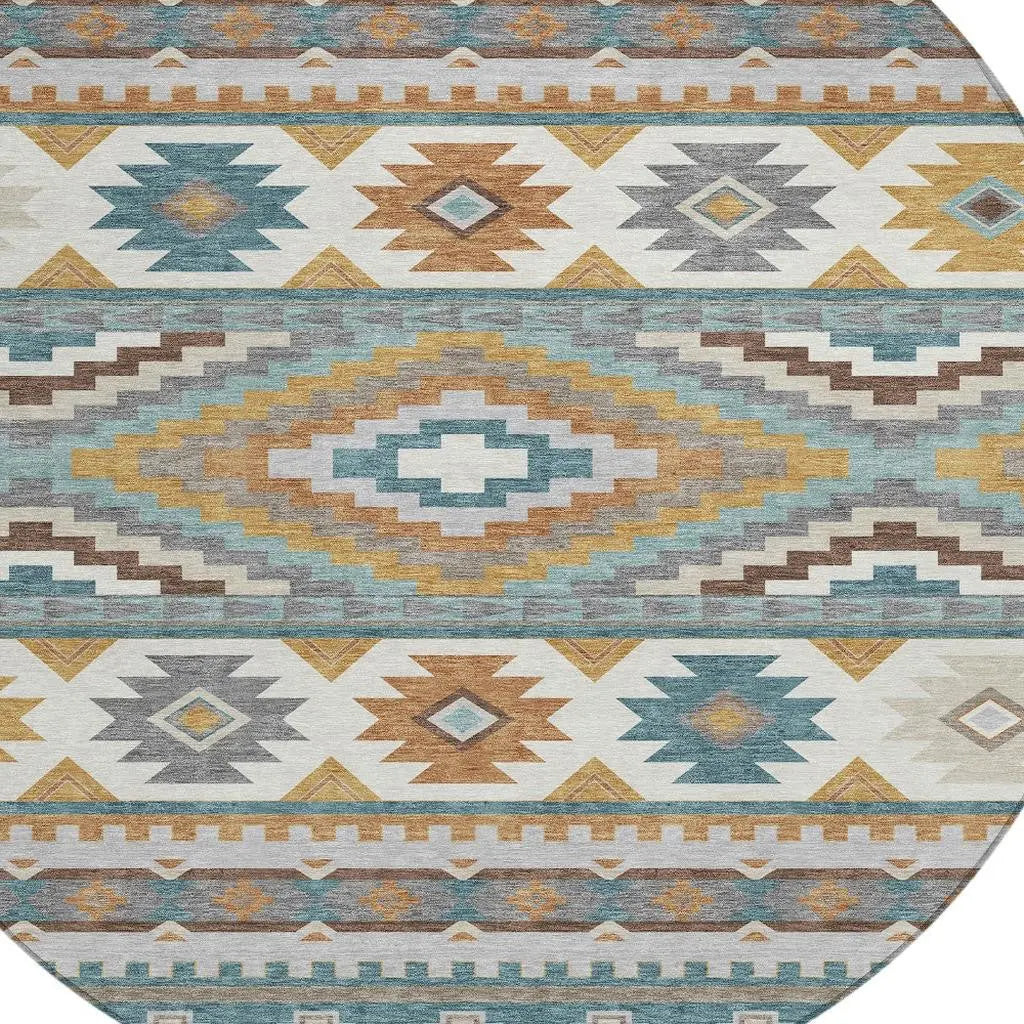 8' Teal Blue And Ivory Round Southwestern Washable Indoor Outdoor Area Rug Homeroots Outdoor