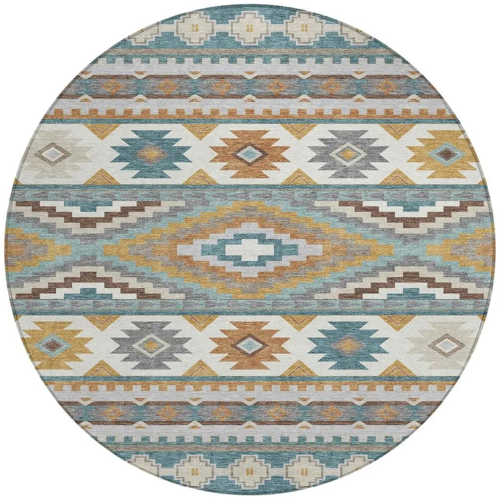 8' Teal Blue And Ivory Round Southwestern Washable Indoor Outdoor Area Rug Homeroots Outdoor