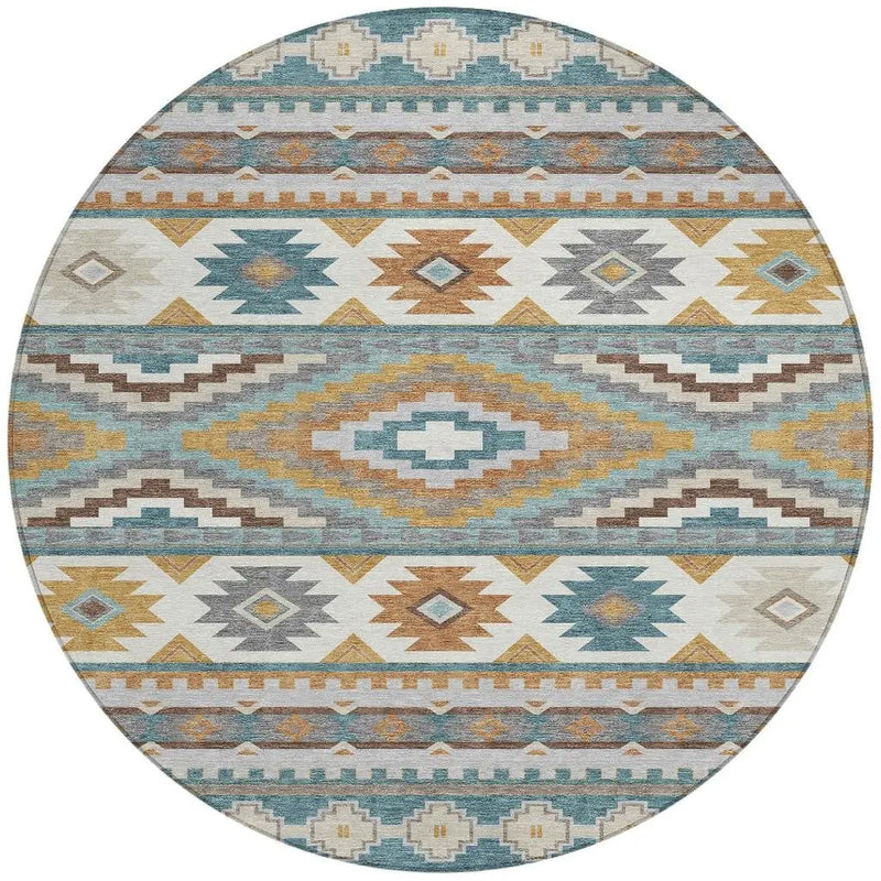 8' Teal Blue And Ivory Round Southwestern Washable Indoor Outdoor Area Rug Homeroots Outdoor
